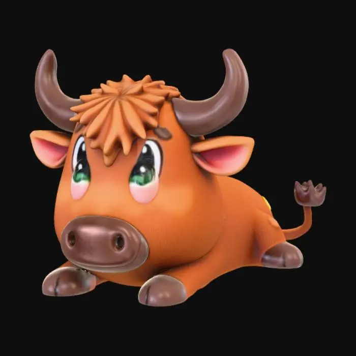 3D model for A high-quality 3D render in a chunky world of warcraft/blizzard art style. Use the exact same pose, proportions, body alignment, and camera angle as the reference: a clean left-side orthographic profile with zero perspective distortion. The creature lies completely flat on its belly with its head resting fully on the ground, neck extended forward, body forming a perfectly straight horizontal line from nose to tail, and all four legs splayed outward in a relaxed, natural position. The front legs angle slightly forward and outward, and the back legs angle slightly backward and outward. Maintain perfect left-right symmetry, smooth rounded shapes, simple soft lighting, and a neutral background. Now recreate this same fixed pose and style, but as a kawaii highland cow, keeping the vinyl texture