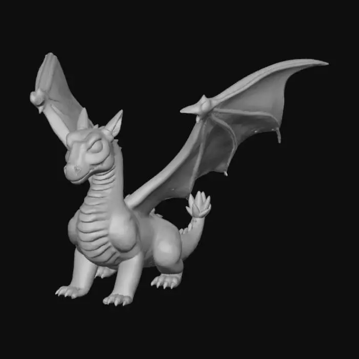 3D model for A high-quality 3D render in a chunky world of warcraft/blizzard art style. Use the exact same pose, proportions, body alignment, and camera angle as the reference: a clean left-side orthographic profile with zero perspective distortion. The creature lies completely flat on its belly with its head resting fully on the ground, neck extended forward, body forming a perfectly straight horizontal line from nose to tail, and all four legs splayed outward in a relaxed, natural position. The front legs angle slightly forward and outward, and the back legs angle slightly backward and outward. Maintain perfect left-right symmetry, smooth rounded shapes, simple soft lighting, and a neutral background. Now recreate this same fixed pose and style, but as a winged dragon, keeping the vinyl texture