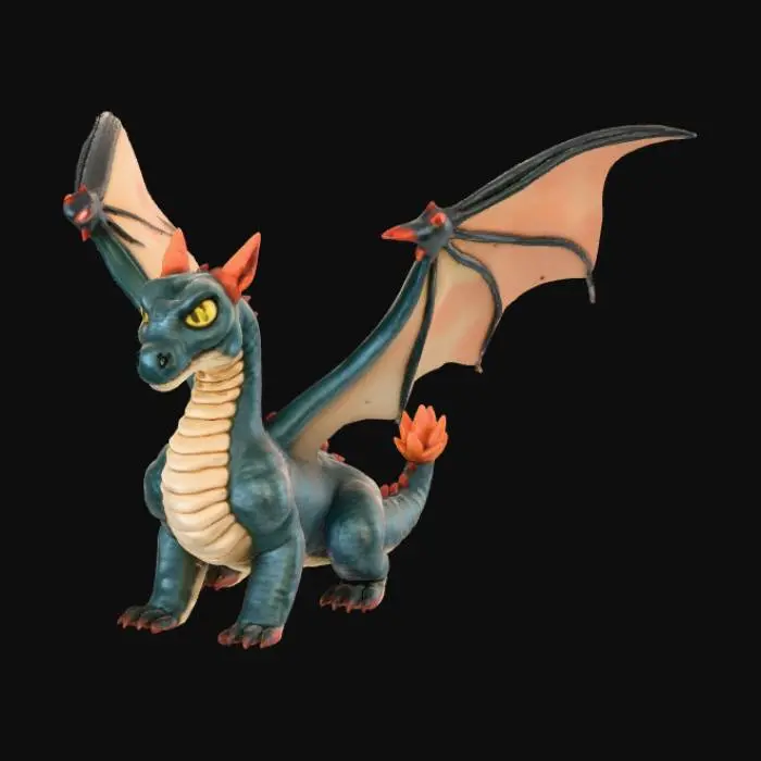 3D model for A high-quality 3D render in a chunky world of warcraft/blizzard art style. Use the exact same pose, proportions, body alignment, and camera angle as the reference: a clean left-side orthographic profile with zero perspective distortion. The creature lies completely flat on its belly with its head resting fully on the ground, neck extended forward, body forming a perfectly straight horizontal line from nose to tail, and all four legs splayed outward in a relaxed, natural position. The front legs angle slightly forward and outward, and the back legs angle slightly backward and outward. Maintain perfect left-right symmetry, smooth rounded shapes, simple soft lighting, and a neutral background. Now recreate this same fixed pose and style, but as a winged dragon, keeping the vinyl texture