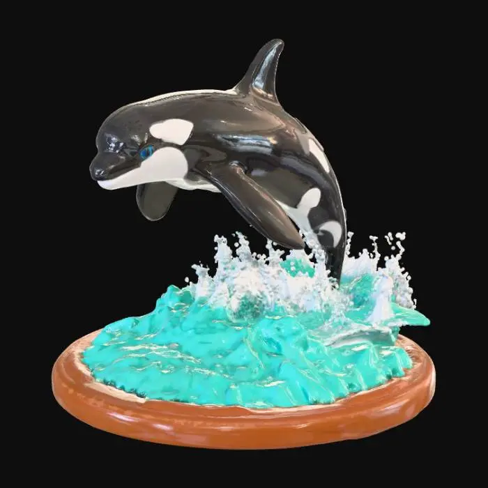 3D model for High detail, Orca coming out of the water, tabletop decoration, with detailed splashing water, connected to a wooden base.