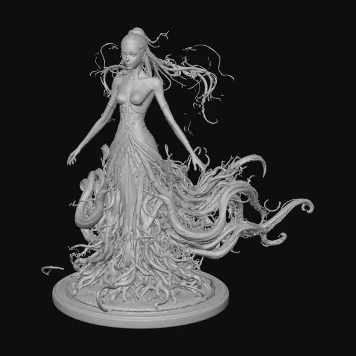 3D model for High detail, Abstract, spire, designed to style anime girl theme, placed on a dark oak wood base.