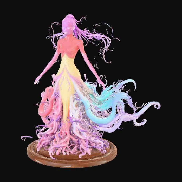 3D model for High detail, Abstract, spire, designed to style anime girl theme, placed on a dark oak wood base.