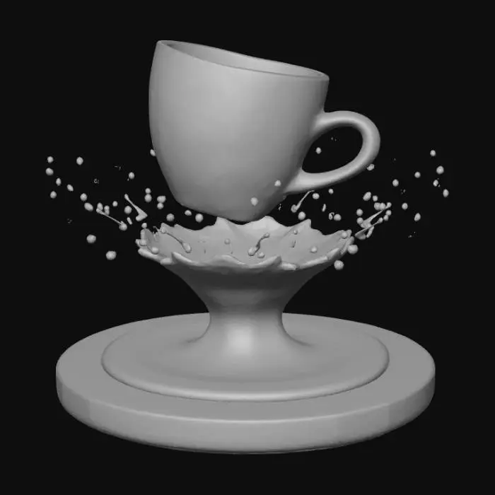 3D model for High detail, floating tipped cup of coffee, suspended by a coffee stream, splashing a circular splash, onto a wooden countertop display base.