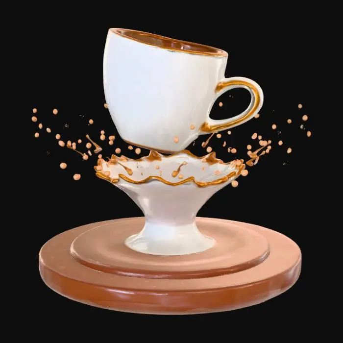 3D model for High detail, floating tipped cup of coffee, suspended by a coffee stream, splashing a circular splash, onto a wooden countertop display base.