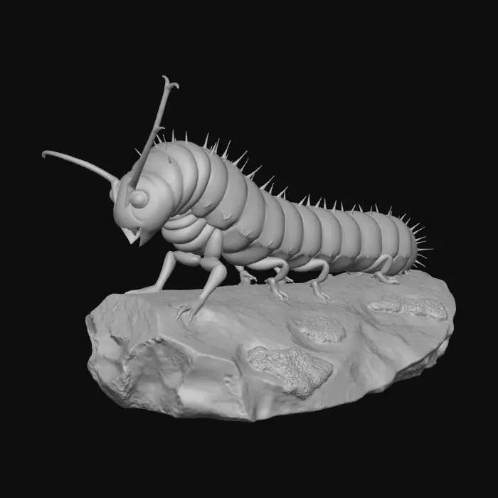 3D model for High detail, caterpillar insect, designed like a caterkiller, posed on a rocky base.