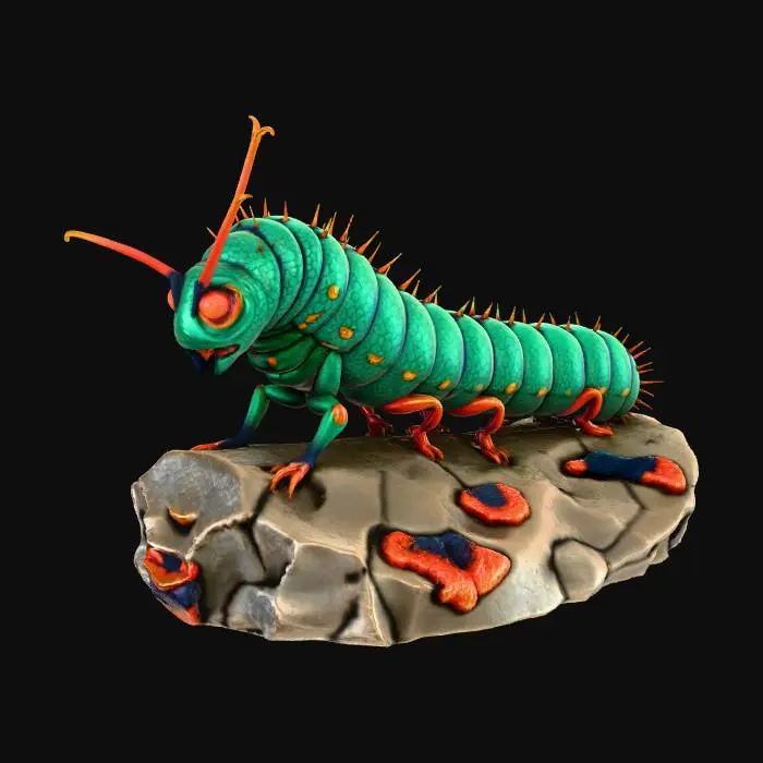 3D model for High detail, caterpillar insect, designed like a caterkiller, posed on a rocky base.