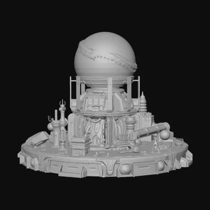 3D model for High detail, extravagant, tabletop sci-fi decoration, with extravagant sci-fi base and backdrop.