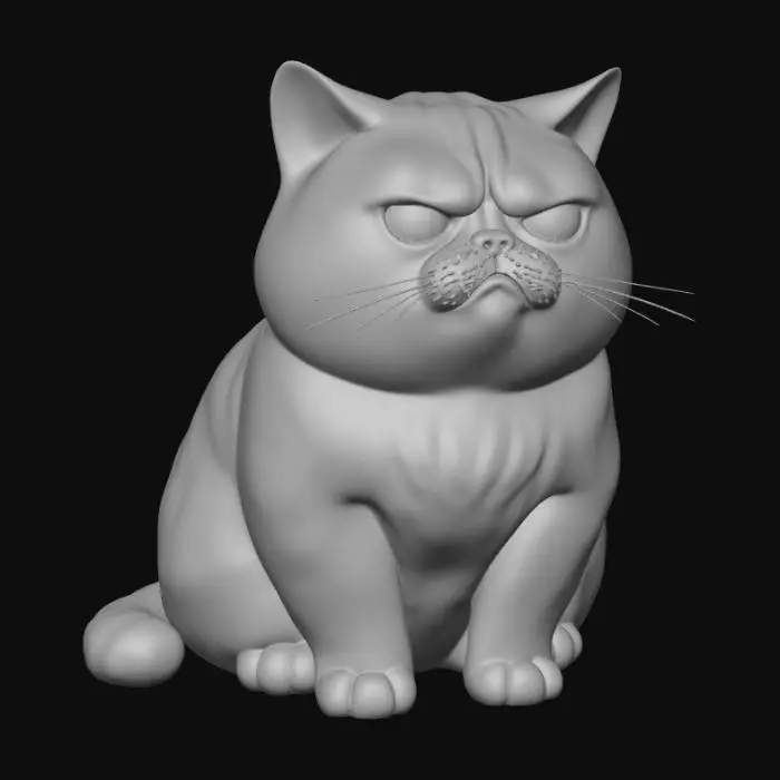3D model for Smooth, simple detail, kawaii, grumpy animal, sitting.