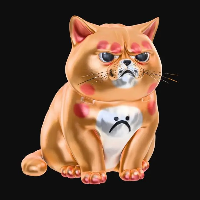 3D model for Smooth, simple detail, kawaii, grumpy animal, sitting.