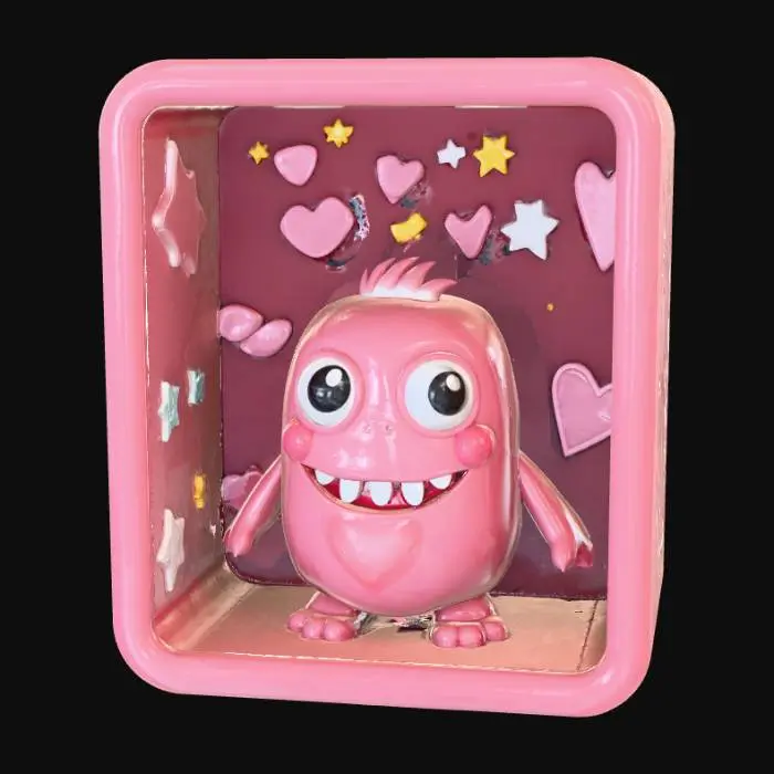 3D model for High detail, square box with one side open, with a smooth detail, kawaii monster inside, with cheerful decorations along the inside of the box.