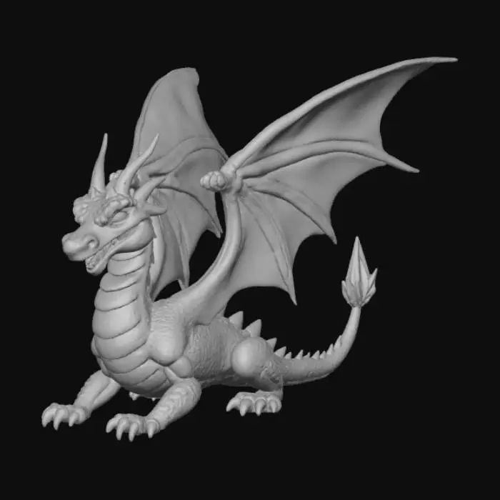 3D model for A high-quality 3D render in a chunky world of warcraft/blizzard art style. Use the exact same pose, proportions, body alignment, and camera angle as the reference: a clean left-side orthographic profile with zero perspective distortion. The creature lies completely flat on its belly with its head resting fully on the ground, neck extended forward, body forming a perfectly straight horizontal line from nose to tail, and all four legs splayed outward in a relaxed, natural position. The front legs angle slightly forward and outward, and the back legs angle slightly backward and outward. Maintain perfect left-right symmetry, smooth rounded shapes, simple soft lighting, and a neutral background. Now recreate this same fixed pose and style, but as a winged dragon, keeping the vinyl texture