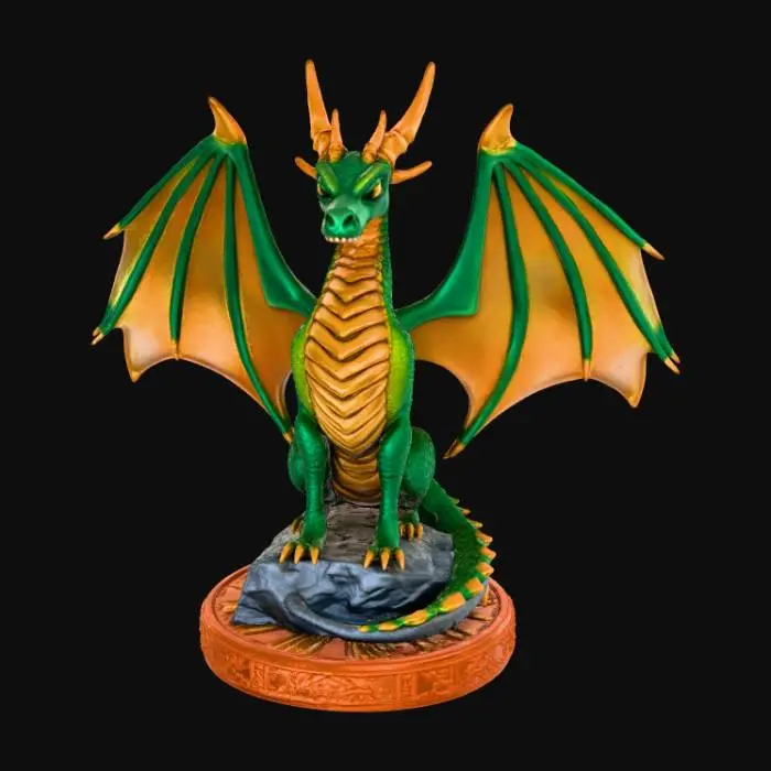 3D model for High detail, legendary, dragon, posed on a rocky structure, with a detailed wooden base.