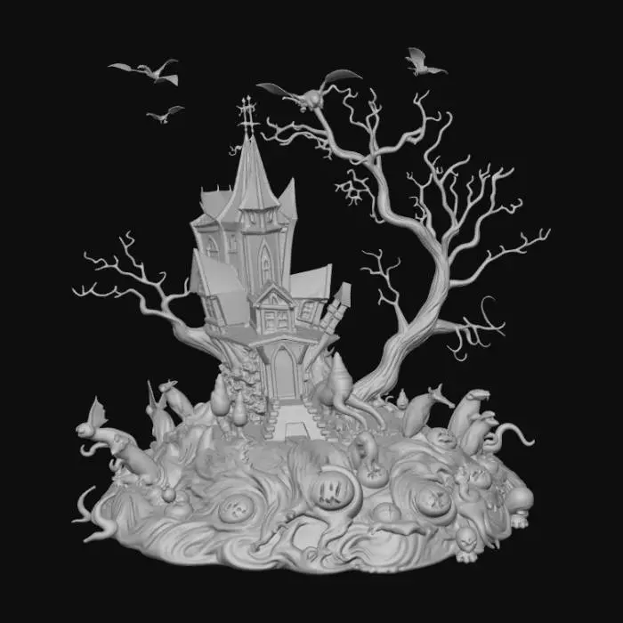 3D model for High detail, extravagant, tabletop horror decoration, with extravagant horror base and backdrop.
