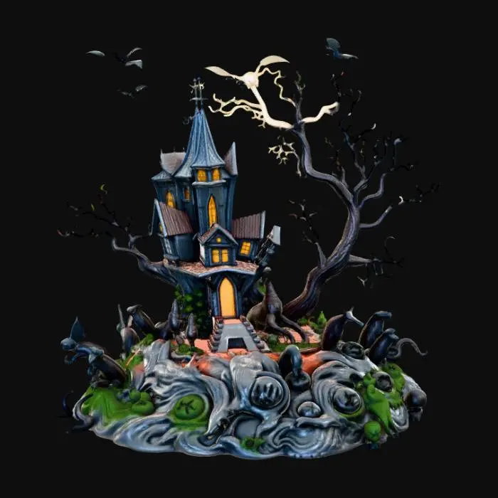 3D model for High detail, extravagant, tabletop horror decoration, with extravagant horror base and backdrop.