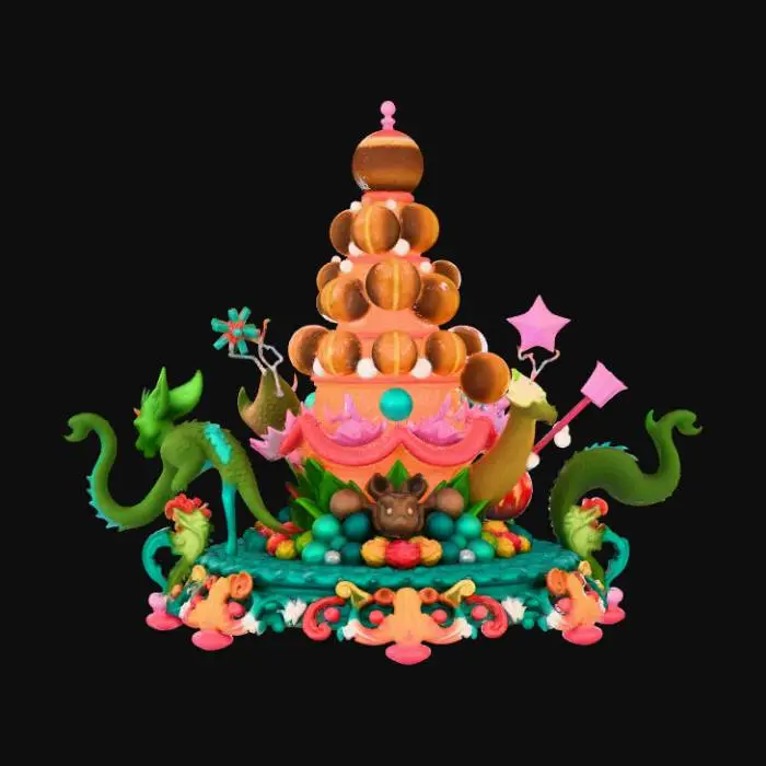 3D model for High detail, extravagant, tabletop bubbly, fantasy decoration, with extravagant fantasy base and backdrop.