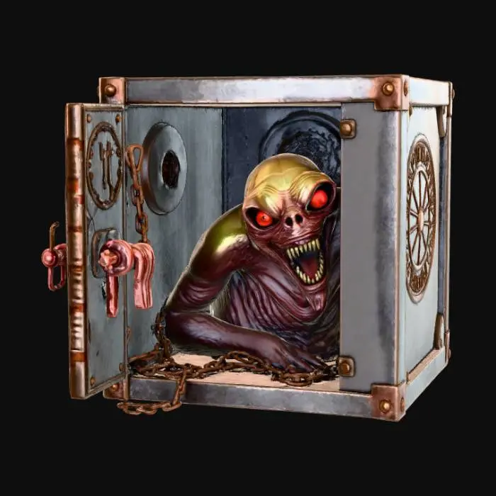 3D model for High detail, square box with one side open, with a high detail, monster inside, with creepy decorations along the inside of the box.