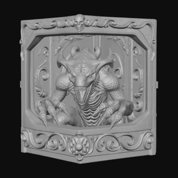 3D model for High detail, square box with one side open, with a high detail, monster inside, with creepy decorations along the inside of the box.