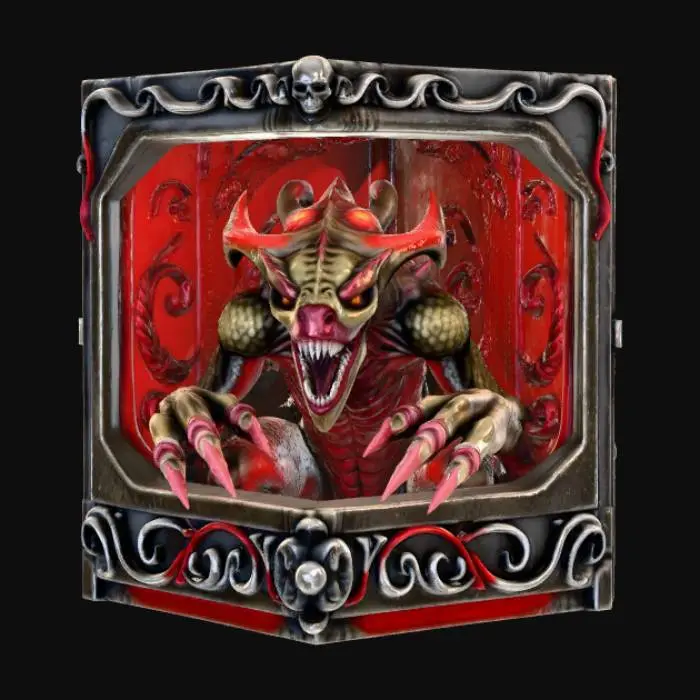 3D model for High detail, square box with one side open, with a high detail, monster inside, with creepy decorations along the inside of the box.