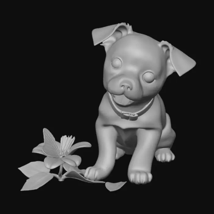 3D model for High detail, kawaii dog squatting down to look at a butterfly sitting ontop of a flower, tabletop decoration.