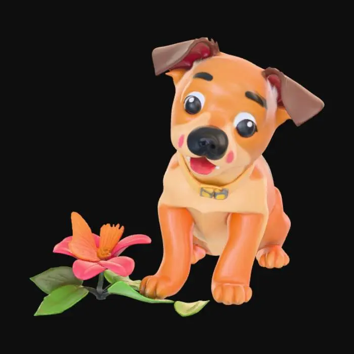 3D model for High detail, kawaii dog squatting down to look at a butterfly sitting ontop of a flower, tabletop decoration.