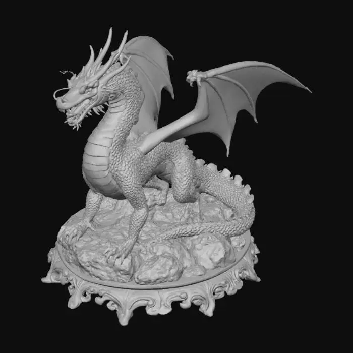 3D model for High detail, legendary, dragon, posed on a rocky structure, with a detailed wooden base.