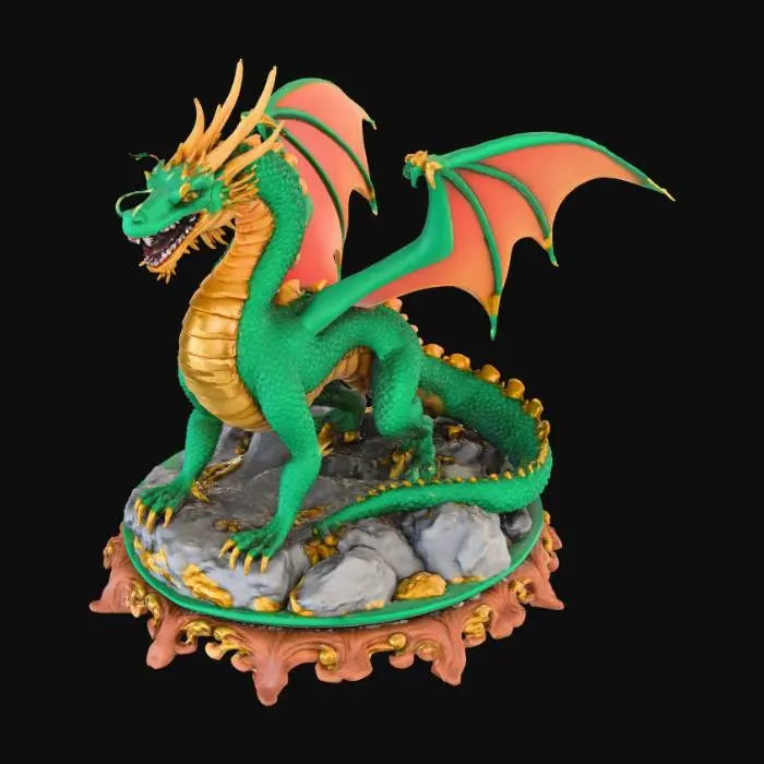 3D model for High detail, legendary, dragon, posed on a rocky structure, with a detailed wooden base.