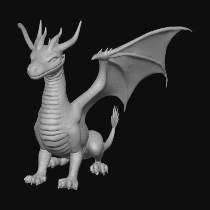 3D model for A high-quality 3D render in a chunky world of warcraft/blizzard art style. Use the exact same pose, proportions, body alignment, and camera angle as the reference: a clean left-side orthographic profile with zero perspective distortion. The creature lies completely flat on its belly with its head resting fully on the ground, neck extended forward, body forming a perfectly straight horizontal line from nose to tail, and all four legs splayed outward in a relaxed, natural position. The front legs angle slightly forward and outward, and the back legs angle slightly backward and outward. Maintain perfect left-right symmetry, smooth rounded shapes, simple soft lighting, and a neutral background. Now recreate this same fixed pose and style, but as a winged dragon, keeping the vinyl texture