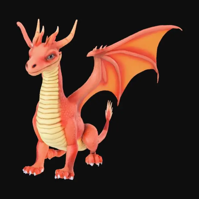 3D model for A high-quality 3D render in a chunky world of warcraft/blizzard art style. Use the exact same pose, proportions, body alignment, and camera angle as the reference: a clean left-side orthographic profile with zero perspective distortion. The creature lies completely flat on its belly with its head resting fully on the ground, neck extended forward, body forming a perfectly straight horizontal line from nose to tail, and all four legs splayed outward in a relaxed, natural position. The front legs angle slightly forward and outward, and the back legs angle slightly backward and outward. Maintain perfect left-right symmetry, smooth rounded shapes, simple soft lighting, and a neutral background. Now recreate this same fixed pose and style, but as a winged dragon, keeping the vinyl texture