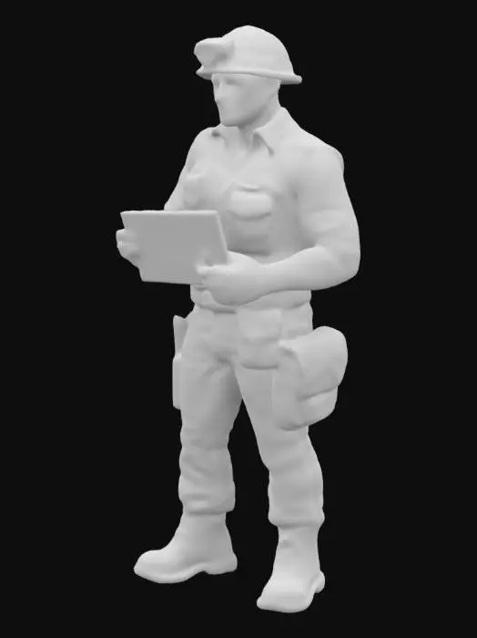3D model for Un technicien de maintenance humain avec une combinaison de sécurité dotée de bandes réfléchissantes. Il porte un casque avec une lampe frontale, des gants isolants et des bottes renforcées. Son visage est marqué par la concentration, avec une légère barbe et des lunettes de protection. Il tient une tablette tactile et une clé à molette, prêt à intervenir. Son gilet est équipé de poches contenant divers outils, et une radio est accrochée à son épaule.