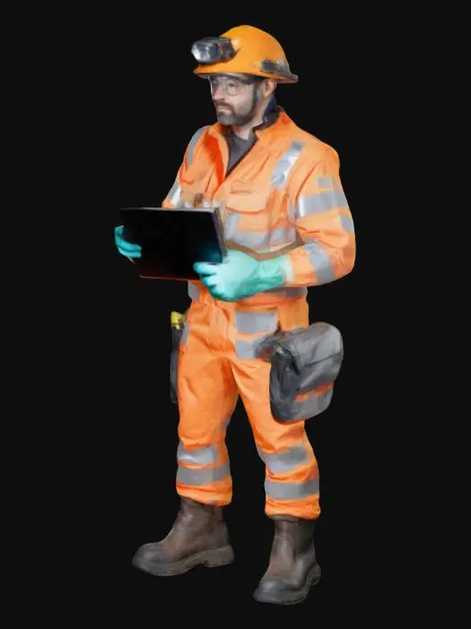 3D model for Un technicien de maintenance humain avec une combinaison de sécurité dotée de bandes réfléchissantes. Il porte un casque avec une lampe frontale, des gants isolants et des bottes renforcées. Son visage est marqué par la concentration, avec une légère barbe et des lunettes de protection. Il tient une tablette tactile et une clé à molette, prêt à intervenir. Son gilet est équipé de poches contenant divers outils, et une radio est accrochée à son épaule.