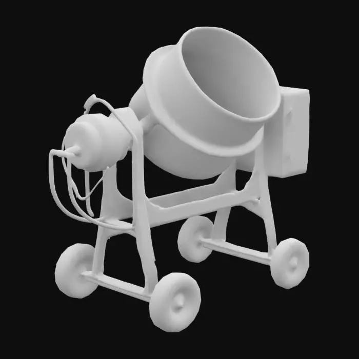 3D model for Une bétonnière industrielle au design fonctionnel, centrée sur un tambour rotatif aux textures métalliques marquées par l'usage intensif. La structure solide repose sur une base stable équipée de roues ou de chenilles bien définies, reflétant l'efficacité et la robustesse d'une machine de chantier dédiée au mélange du béton.