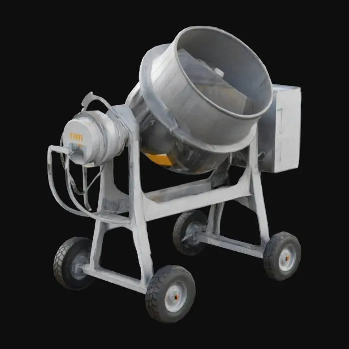 3D model for Une bétonnière industrielle au design fonctionnel, centrée sur un tambour rotatif aux textures métalliques marquées par l'usage intensif. La structure solide repose sur une base stable équipée de roues ou de chenilles bien définies, reflétant l'efficacité et la robustesse d'une machine de chantier dédiée au mélange du béton.