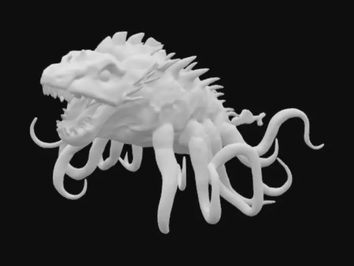 3D model for "Create a highly detailed 3D model of an epic and terrifying sea monster emerging from the depths of the ocean. It should have a massive, serpentine body covered in bioluminescent scales, multiple writhing tentacles lined with spines, and a gaping, shark-like maw filled with jagged teeth. Its eyes should glow ominously, and its back should be adorned with coral-like armor and barnacle-covered spikes. The overall design should blend deep-sea alien aesthetics with ancient mythological terror. Make it feel ancient, colossal, and otherworldly."