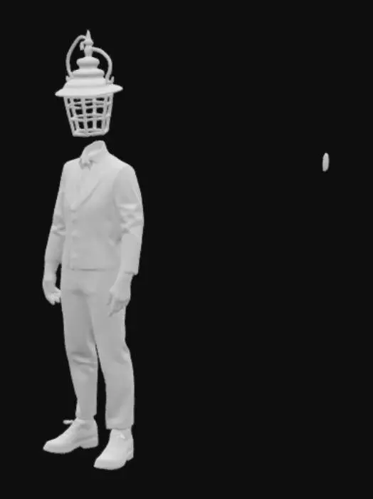 3D model for Create a 3D model of a surreal humanoid waiter with a sleek, formal black and white uniform, holding a silver tray. Instead of a human head, the figure has an old-fashioned street lamp for a head — complete with a glowing, slightly flickering bulb inside. The lamp-head is metallic, worn, and slightly rusted, with subtle engravings or numbering. The light from the lamp softly illuminates part of the waiter's shoulders and chest. His posture is elegant and professional, but the unnatural fusion of man and lamp gives the character a mysterious and unsettling atmosphere. The background should be neutral or dark to enhance the glow of the lamp.