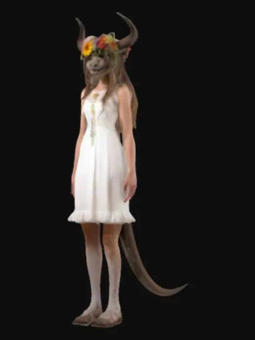 3D model for A pacifist hippie girl from the 1960s, wearing a flower crown and a light white formal dress, posing gracefully. She has a demon face, moose horns, and velociraptor legs.