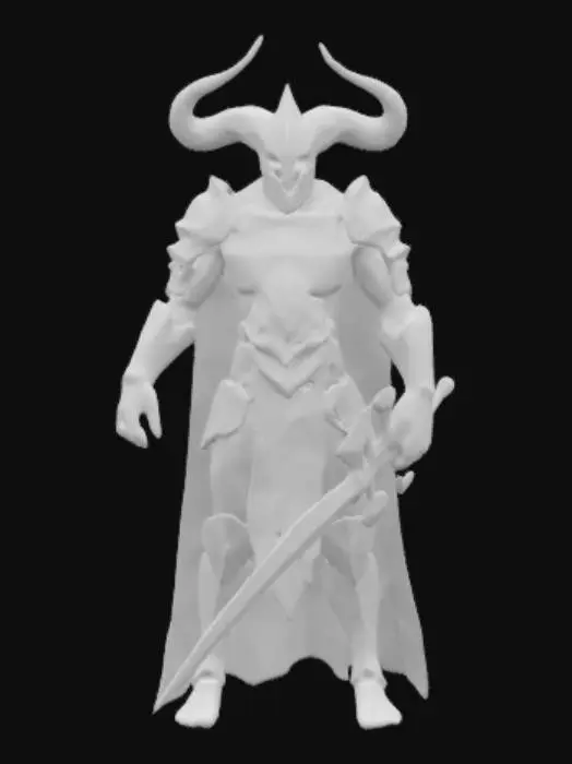 3D model for A soldier of darkness. Imposing and menacing armor. Flaming sword. Horned helmet. Torn cloak.
