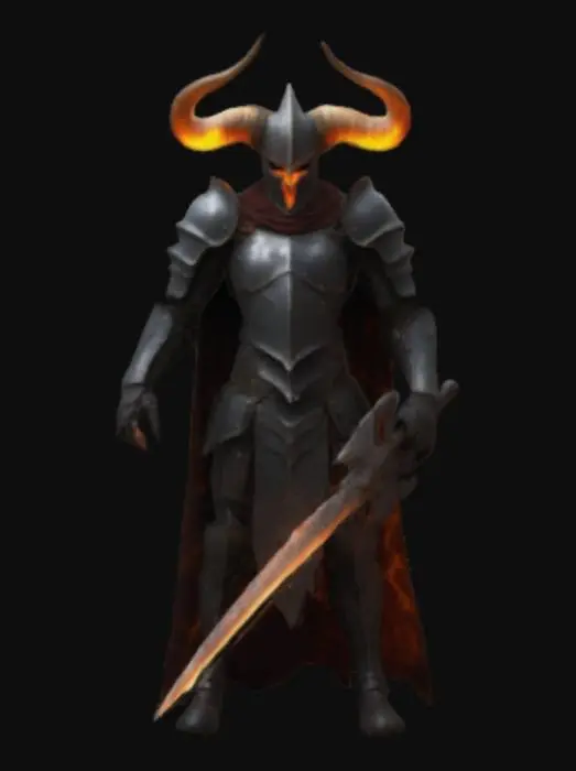 3D model for A soldier of darkness. Imposing and menacing armor. Flaming sword. Horned helmet. Torn cloak.