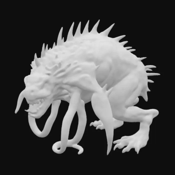 3D model for "Create a highly detailed 3D model of an epic and terrifying sea monster emerging from the depths of the ocean. It should have a massive, serpentine body covered in bioluminescent scales, multiple writhing tentacles lined with spines, and a gaping, shark-like maw filled with jagged teeth. Its eyes should glow ominously, and its back should be adorned with coral-like armor and barnacle-covered spikes. The overall design should blend deep-sea alien aesthetics with ancient mythological terror. Make it feel ancient, colossal, and otherworldly."