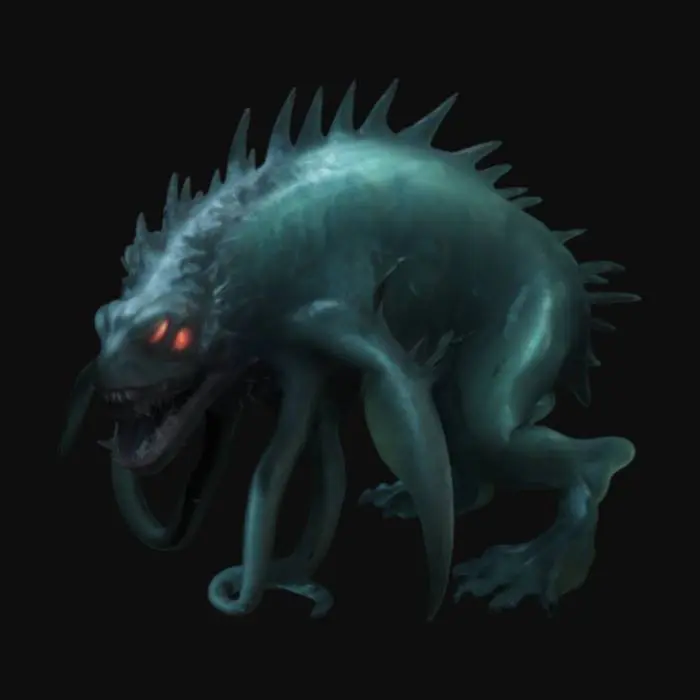 3D model for "Create a highly detailed 3D model of an epic and terrifying sea monster emerging from the depths of the ocean. It should have a massive, serpentine body covered in bioluminescent scales, multiple writhing tentacles lined with spines, and a gaping, shark-like maw filled with jagged teeth. Its eyes should glow ominously, and its back should be adorned with coral-like armor and barnacle-covered spikes. The overall design should blend deep-sea alien aesthetics with ancient mythological terror. Make it feel ancient, colossal, and otherworldly."