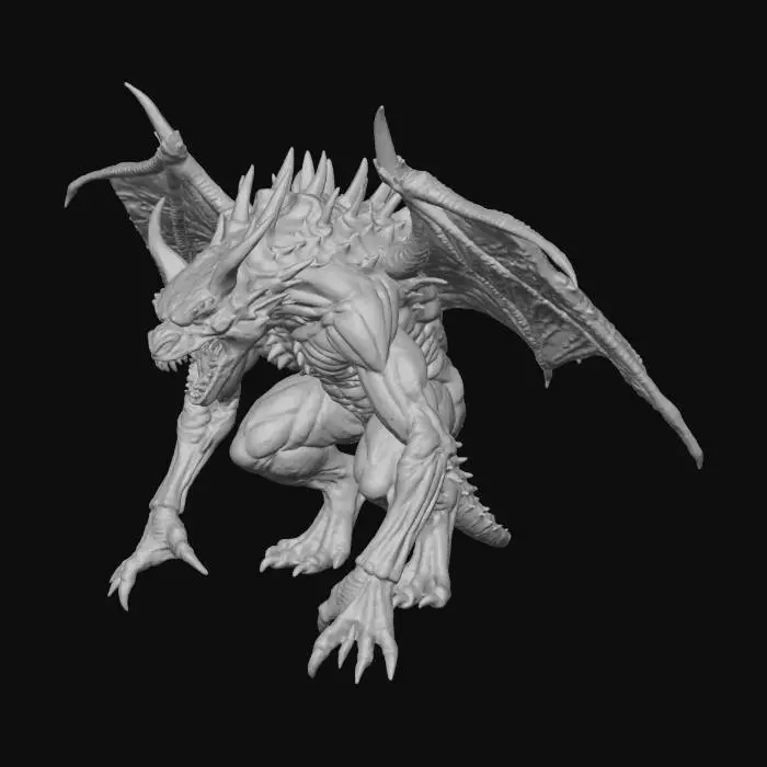 3D model for Un diorama 3D iperrealistico raffigurante un'aggressiva creatura vampirica ferale, simile a Batman, in posa accovacciata su antiche rovine di pietra scura intricate con radici nodose. Ha braccia mutanti con membrane alari e speroni ossei appuntiti. Parte del corpo è ricoperta di pelo scuro. Il muso ringhia, rivelando zanne acuminate e occhi feroci. La texture della pelle è squamosa, quella delle rovine è ruvida e muschiosa. Colori dominanti: blu-grigio, marrone scuro e accenti rosso sangue.