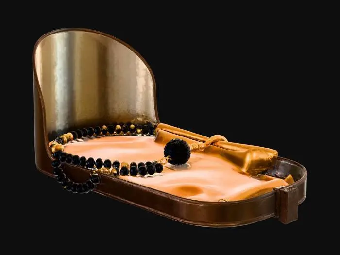 3D model for Gold Mangalsutra (Trade Item)

The Prompt: Top-down orthographic view of an Indian Gold Mangalsutra necklace modified as trade currency. Traditional black and gold beads, resting inside a small, dirty, high-tech metallic lockbox lined with faded velvet. Gritty realism. Flat studio lighting, solid gray background.

Reference Image: Wikimedia: Traditional Mangalsutra

Why it works: The AI needs the reference image to understand the specific alternating pattern of the black and gold beads, which is unique to this specific cultural item.