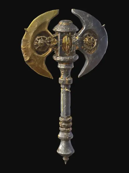 3D model for Imagine une arme symétrique imposante á deux mains, légendaires, qui ressembles a une grande masse qu'utiliserait le dieu du temps.  Avec des rouages, des aiguilles, un sablier pour représenter le temps. Fait a partir d'obsidienne et de sable du temps jaune. #ChronoForgeWeapon 