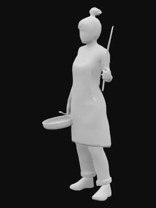 3D model for Une femme au foyer qui cuisine, avec un tablier, cheveux attaché, une cuillere en bois dans une main et une poele dans l'autre main. A-pose, ultra réalistique, corp entier de la tete aux pieds