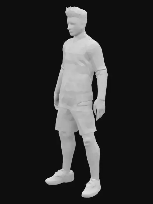 3D model for A semi-realistic 3D model of a male football player with an athletic build, wearing a long-sleeve jersey adorned with an intricate oriental dragon pattern. The jersey is form-fitting, with subtle fabric folds and realistic seams. His face is ethereal and handsome, with well-defined but soft features. The model should have clean topology, game-ready geometry, and proper UV mapping for textures. The pose should be neutral (T-pose or A-pose), with well-defined limbs and balanced proportions