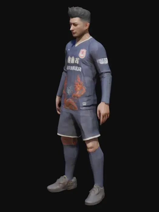 3D model for A semi-realistic 3D model of a male football player with an athletic build, wearing a long-sleeve jersey adorned with an intricate oriental dragon pattern. The jersey is form-fitting, with subtle fabric folds and realistic seams. His face is ethereal and handsome, with well-defined but soft features. The model should have clean topology, game-ready geometry, and proper UV mapping for textures. The pose should be neutral (T-pose or A-pose), with well-defined limbs and balanced proportions