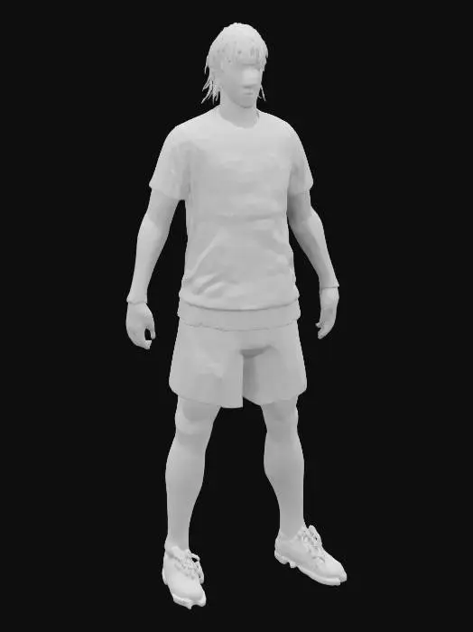 3D model for "A semi-realistic 3D model of a male football player with an athletic build, long flowing hair styled like a K-pop idol, and an ethereal, handsome face. He wears a long-sleeve football jersey with an intricate oriental dragon pattern wrapping around the fabric. The model should have well-defined but soft facial features, smooth hair geometry with proper flow, and a neutral pose (T-pose or A-pose). Clean topology, game-ready mesh, and proper UV mapping for textures are required.
