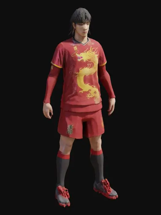 3D model for "A semi-realistic 3D model of a male football player with an athletic build, long flowing hair styled like a K-pop idol, and an ethereal, handsome face. He wears a long-sleeve football jersey with an intricate oriental dragon pattern wrapping around the fabric. The model should have well-defined but soft facial features, smooth hair geometry with proper flow, and a neutral pose (T-pose or A-pose). Clean topology, game-ready mesh, and proper UV mapping for textures are required.