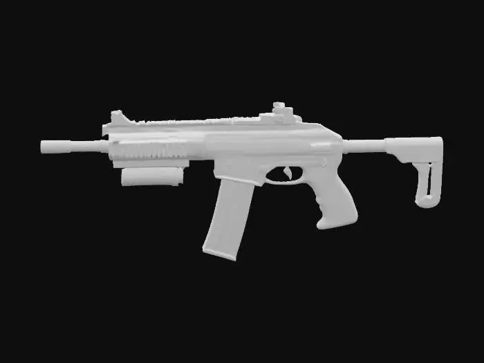 3D model for A sleek photorealistic modern machine pistol in its natural black finish, highly detailed, realistic lighting, with 1980's style large weapon attachments