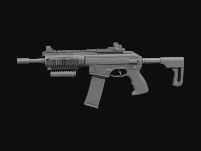 3D model for A sleek photorealistic modern machine pistol in its natural black finish, highly detailed, realistic lighting, with 1980's style large weapon attachments