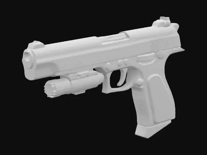 3D model for A sleek photorealistic modern compact covert spy gun in its natural black finish, highly detailed, realistic lighting, with 1980's style large weapon attachments 